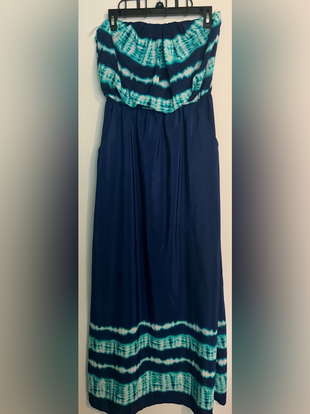 J & M Clothing Co. Womens Sz M Strapless Tie Dye Maxi Dress Navy Aqua Pockets